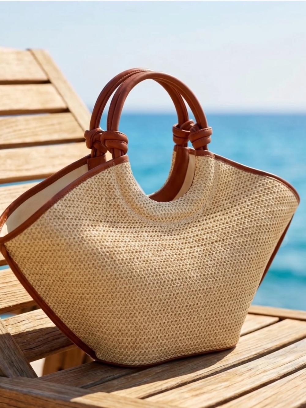 Time and Tru Woven Straw Tote Bag Brown Knot Handle Beach Resort Purse